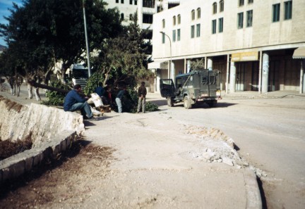 Uprooted trees and lampposts destroyed by tank at Amman Road.